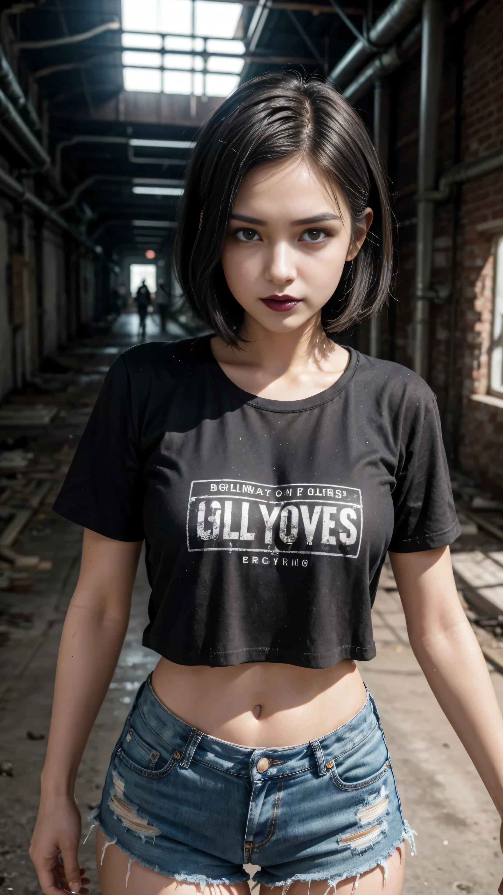 A woman between 25 and 30 years old has slender short black hair, dark brown eyes using eye makeup eyeliner and eyeliner and ((Black lipstick on lips,)) wearing a black t-shirt and black denim shorts he is standing posing for the photo the environment is the interior of an old abandoned factory with pipes and registers everywhere sunlight coming from above some dry leaves on the floor dust grains in the air rust in the pipes small steam leaks in some pipes, the image conveys the beauty of a professional photograph highlighting the beauty of the girl and the details of the factory where she is.