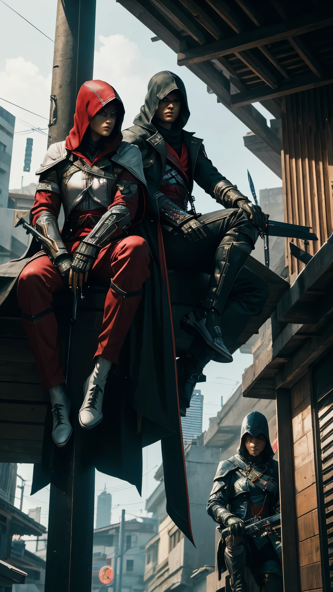 Two Cyberpunk Assassin's Creed Holding swords, Sitting on the rafters on the wall on the restaurant street on a modern street. Robots work everywhere. Modern weapons. Modern red suit. Electronic city. Modern weapons. White suit. Hold the blade. Metal robot arm. Hold the gun. Many people pass by.