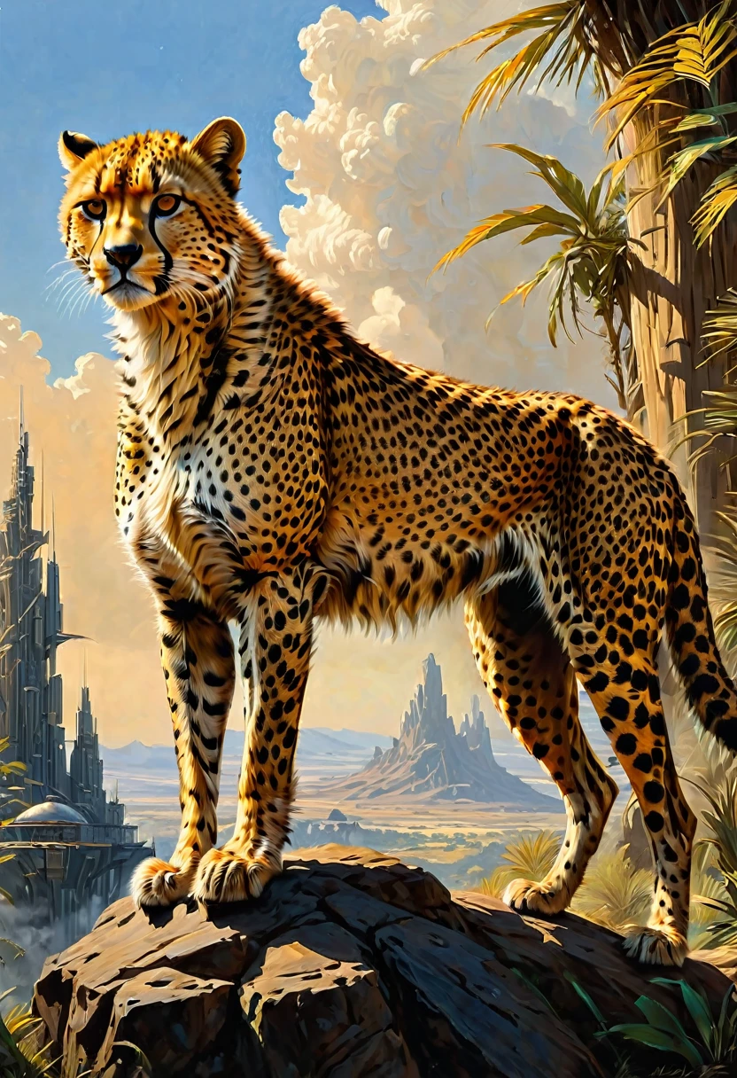 A Cheetah, by Ralph McQuarrie, best quality, masterpiece, very aesthetic, perfect composition, intricate details, ultra-detailed