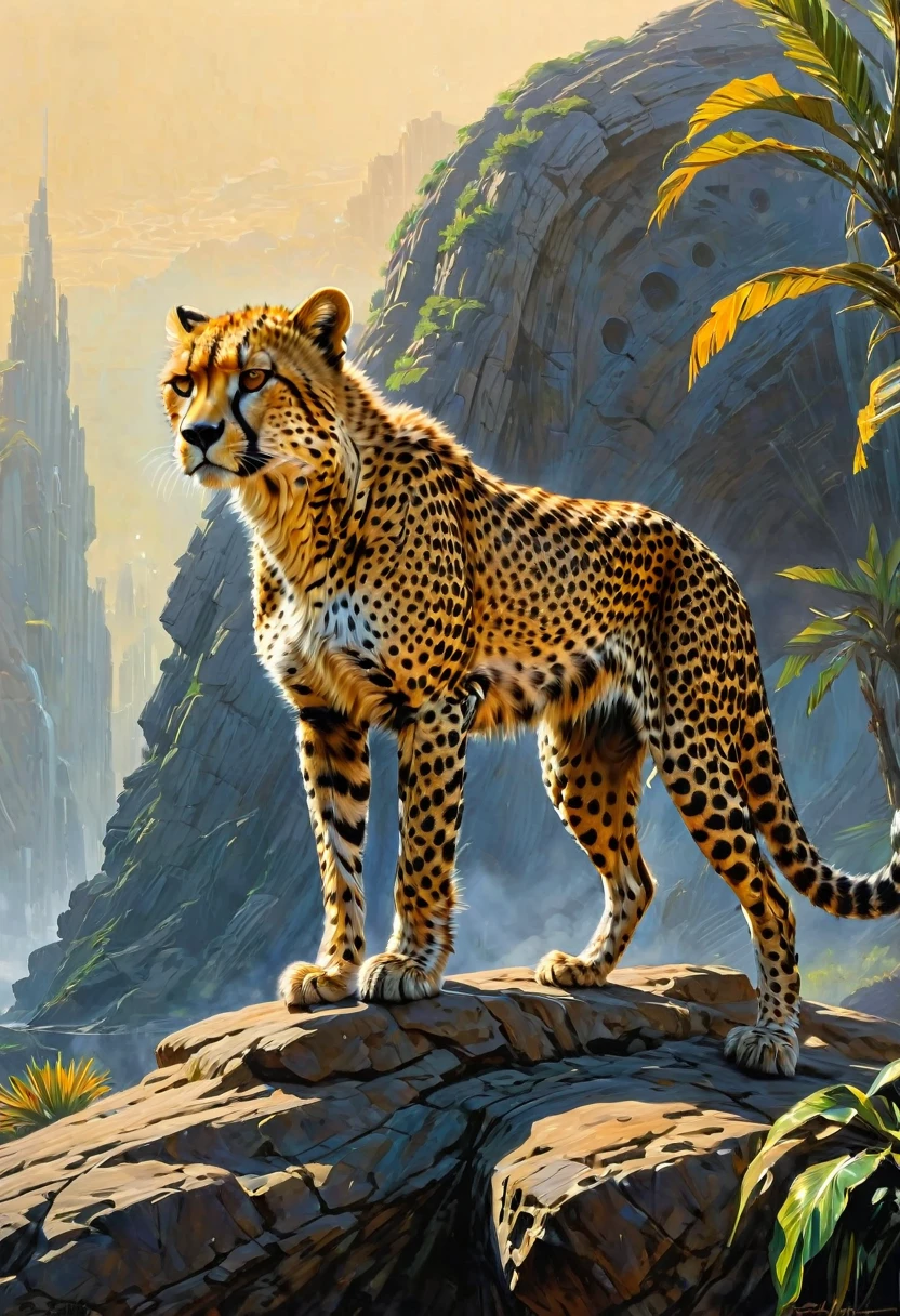 A Cheetah, by Ralph McQuarrie, best quality, masterpiece, very aesthetic, perfect composition, intricate details, ultra-detailed