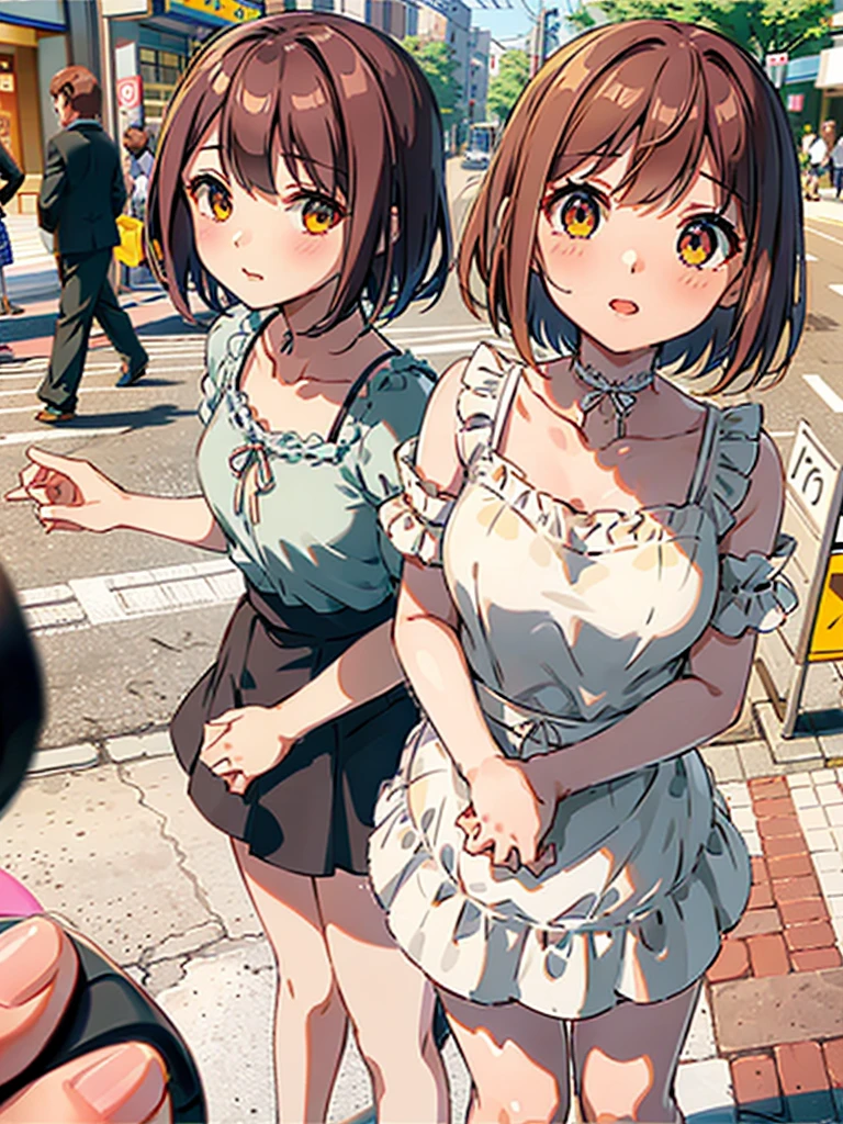 Regular pantyhose、Ultra-detailed、masterpiece、Highest quality、Ultra-high resolution、In 8K、high resolution、Detailed eyes、Gradation、Perfect anatomical figure ,hard disk、Hmph , Nikon Z9 80mm Lens 、Tabletop、Cinema Lighting, Physically Based Rendering, Award-winning, Highly detailed skin, Highly detailed face, Beautiful eyes in every detail、White Lace Lingerie Panties、Fancy panties、Detailed Panty Pattern、Panty Focus、(Pink cotton tight mini skirt), Light orange tank top、10-year-old female, (Beautiful light brown hair, High Ponytail、Looking into the camera、Daytime street、Bright sun、crotch grab,public
