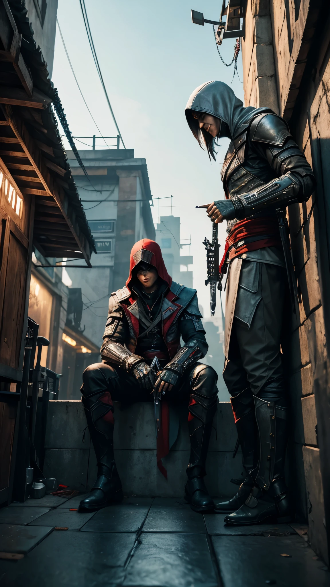Two Cyberpunk Assassin's Creed Holding swords, Sitting on the rafters on the wall on the restaurant street on a modern street. Robots work everywhere. Modern weapons. Modern red suit. Electronic city. Modern weapons. White suit. Hold the blade. Metal robot arm. Hold the gun. Many people pass by.
