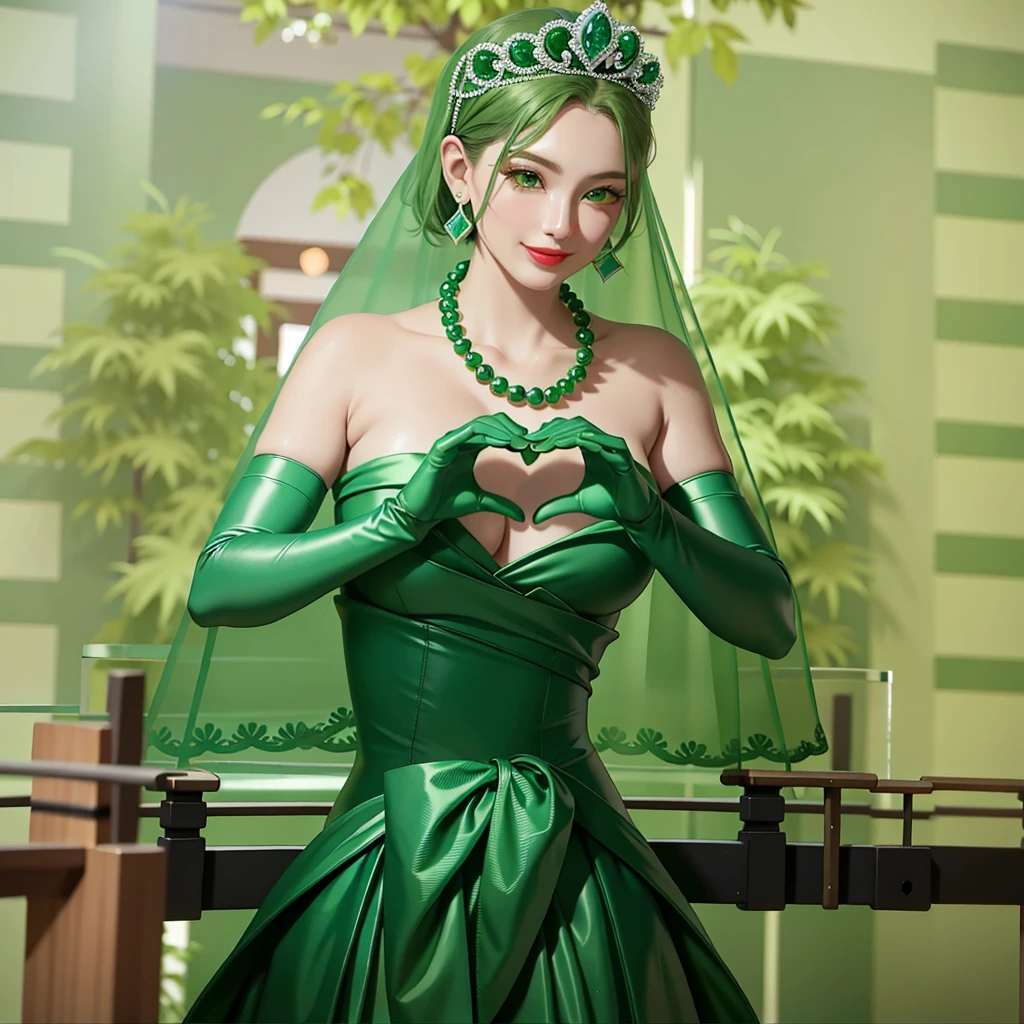 Emerald tiara, Green Pearl Necklace, ボーイッシュな非常に短いGreen Hair, Green Lips, Smiling Japanese woman, Very short hair, Busty beautiful lady, Green Eyes, Green satin long gloves, Green Eyes, Emerald Earrings, Green veil, Heart with both hands, Green Hair, Beautiful Japanese Women, Heart shaped hands:1.3, green lip gloss
