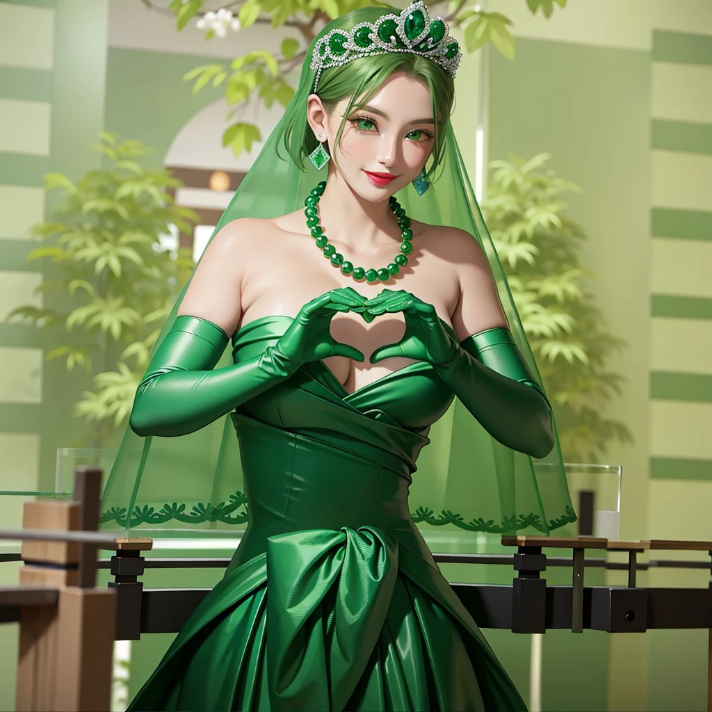 Emerald tiara, Green Pearl Necklace, ボーイッシュな非常に短いGreen Hair, Green Lips, Smiling Japanese woman, Very short hair, Busty beautiful lady, Green Eyes, Green satin long gloves, Green Eyes, Emerald Earrings, Green veil, Heart with both hands, Green Hair, Beautiful Japanese Women, Heart shaped hands:1.3, green lip gloss