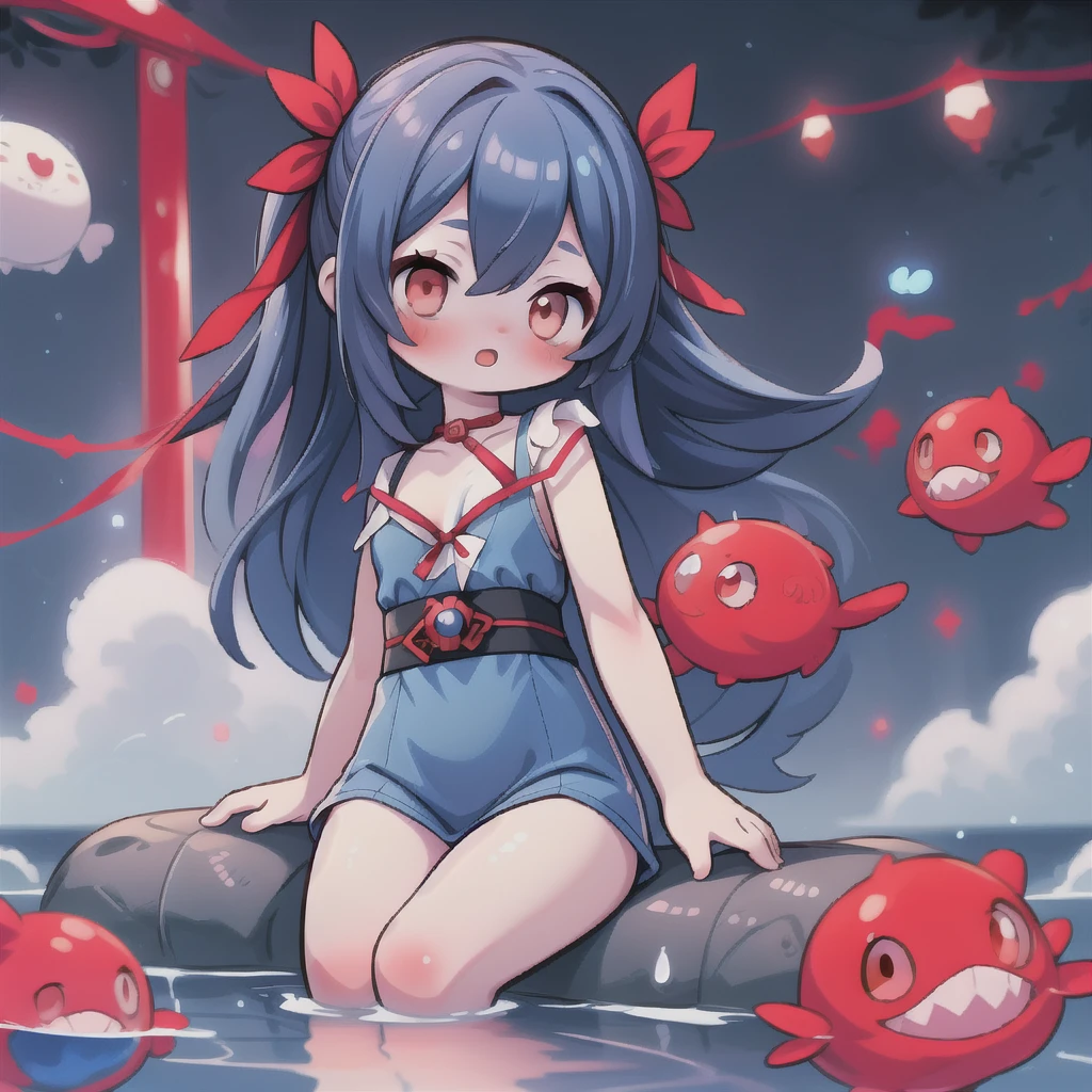 anime style, woman with red eyes, drunk, behind her several blue and red medicine capsules floating, dark image