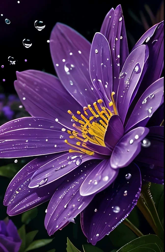 purple flower with water droplets on it in the middle of a garden, beautiful flower, magical colorful flowers, glowing purple, beautiful deep colors, beautiful vibrant colors, beautiful!!!!!!!!!, with beautiful colors, magical flowers, stunning colors, purple and blue, beautiful detail and color, gorgeous colors, moody beautiful colors, purple magic, blue and purple, beautiful colors