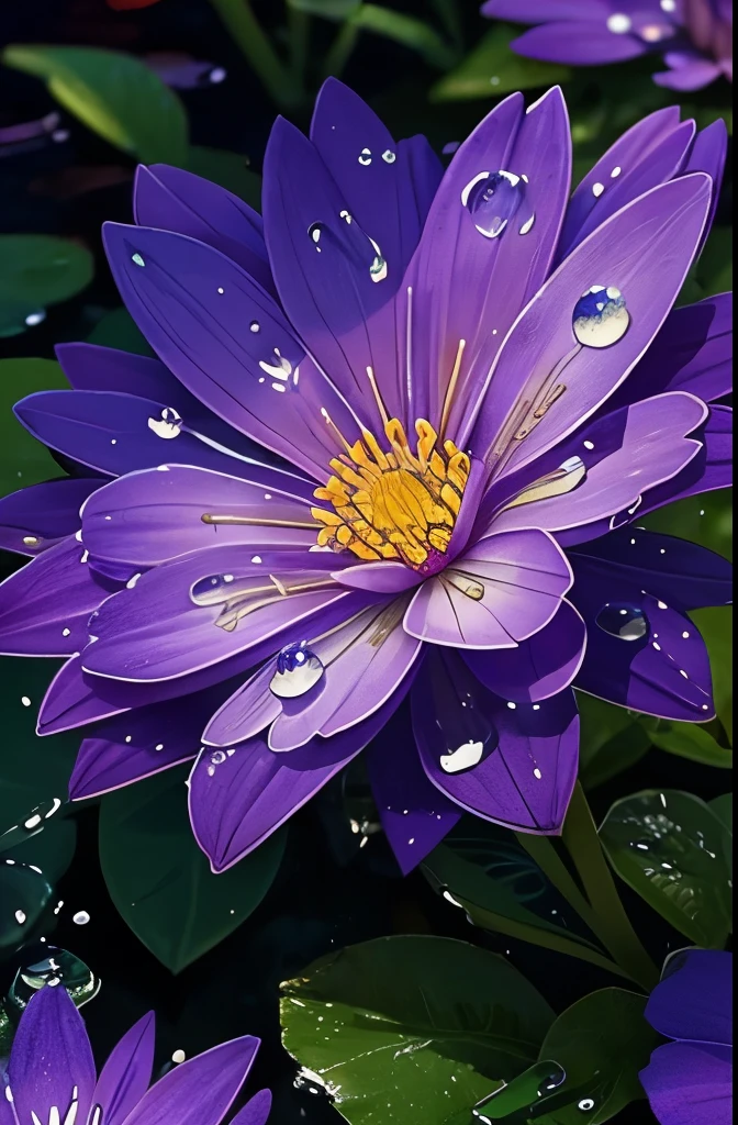 purple flower with water droplets on it in the middle of a garden, beautiful flower, magical colorful flowers, glowing purple, beautiful deep colors, beautiful vibrant colors, beautiful!!!!!!!!!, with beautiful colors, magical flowers, stunning colors, purple and blue, beautiful detail and color, gorgeous colors, moody beautiful colors, purple magic, blue and purple, beautiful colors