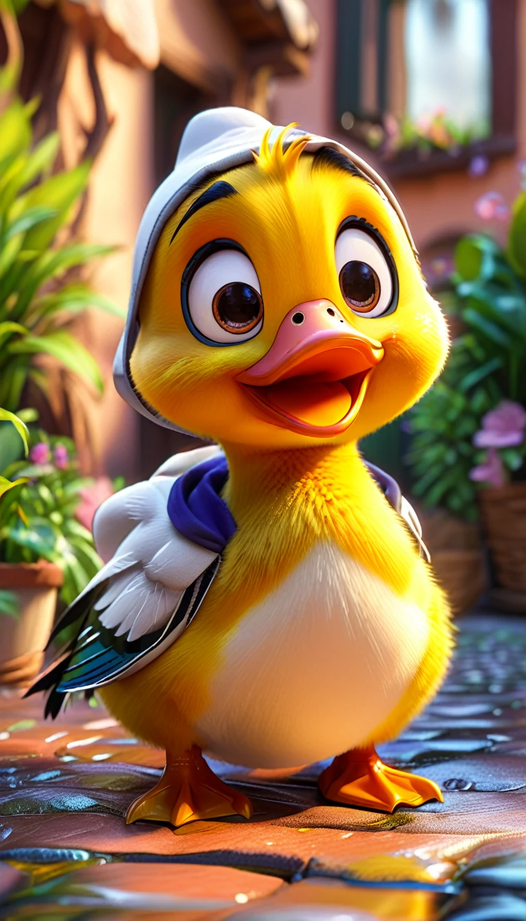 cartoon yellow duck, adorable digital painting, duckface, duck, cute goose, cartoon, looking at viewer, cute eyes, cute small shoes, hood, high quality, cartoon