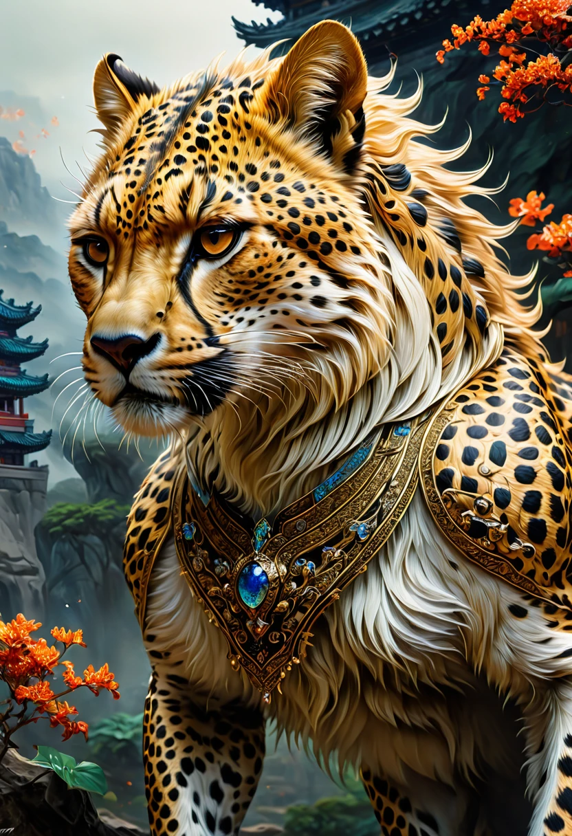 A Cheetah, by zhang daqian and Gu_An and Lü_Ji and Zhang Jingna and wenjun lin, best quality, masterpiece, very aesthetic, perfect composition, intricate details, ultra-detailed