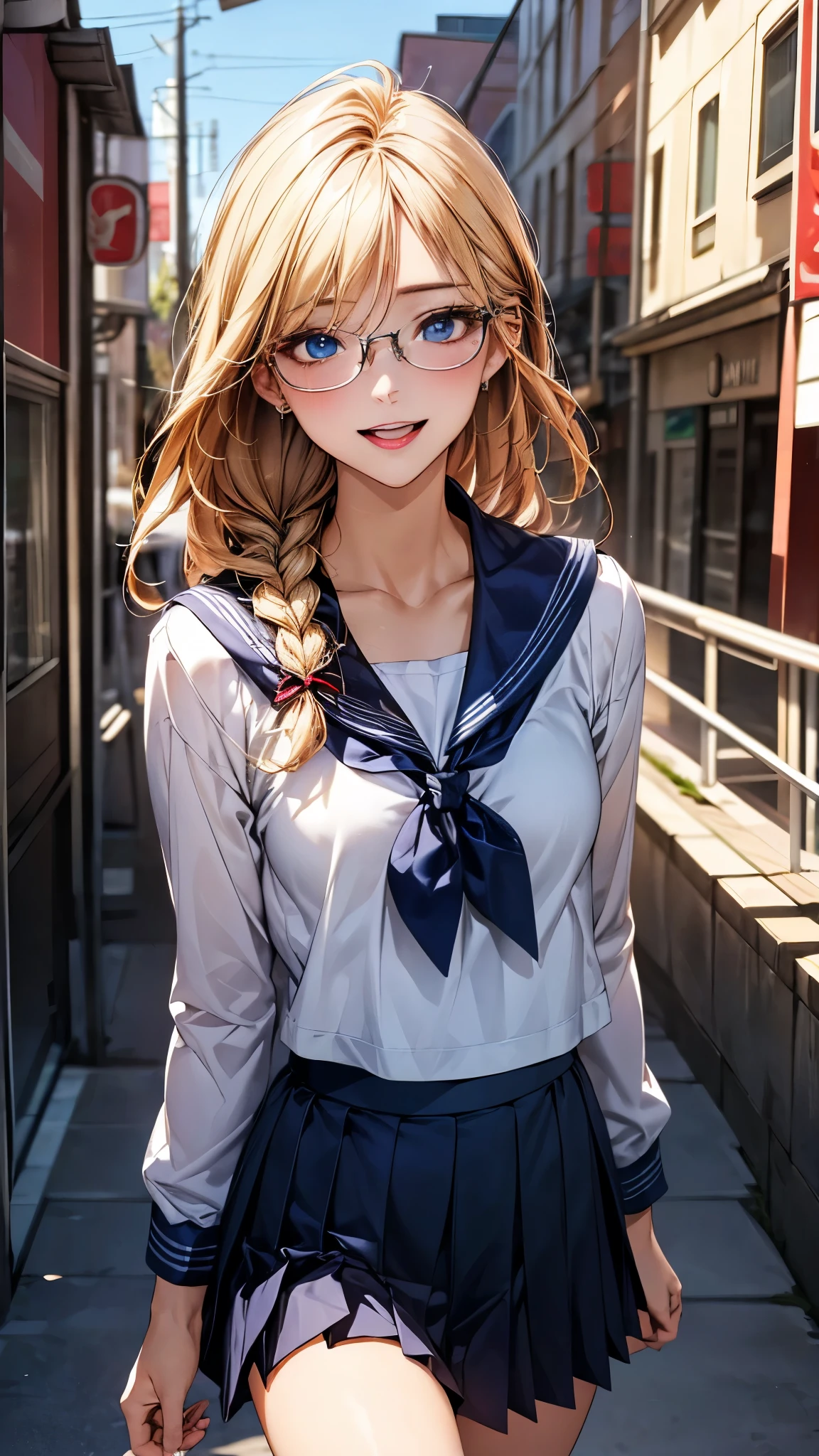(masterpiece:1.2, top-quality), (realistic, photorealistic:1.4), beautiful illustration, (natural side lighting, movie lighting), 
looking at viewer, cowboy shot, (from below), (dynamic angle), 1 female, japanese, high school girl, perfect face, cute and symmetrical face, babyface, shiny skin, 
(long hair, single braid, blonde hair), hair between eyes, blue eyes, long eye lasher, (large breasts:0.6), sexy lips, erotic, sexy, mature body, jk, 
beautiful hair, beautiful face, beautiful detailed eyes, beautiful clavicle, beautiful body, beautiful chest, beautiful thigh, beautiful legs, beautiful fingers, 
chairman, sailor suit, pleated skirt, glasses,
(beautiful scenery), evening, (cityscape:1.2), (walking), (lovely smile, upper eyes, open mouth small),