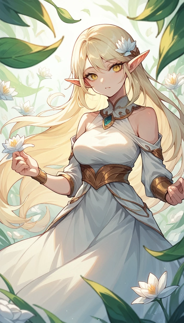 woman, white god, bright white blonde hair, bright yellow eyes, The longest hair, White lotus flower, elf ears, white light princess, Thai dress