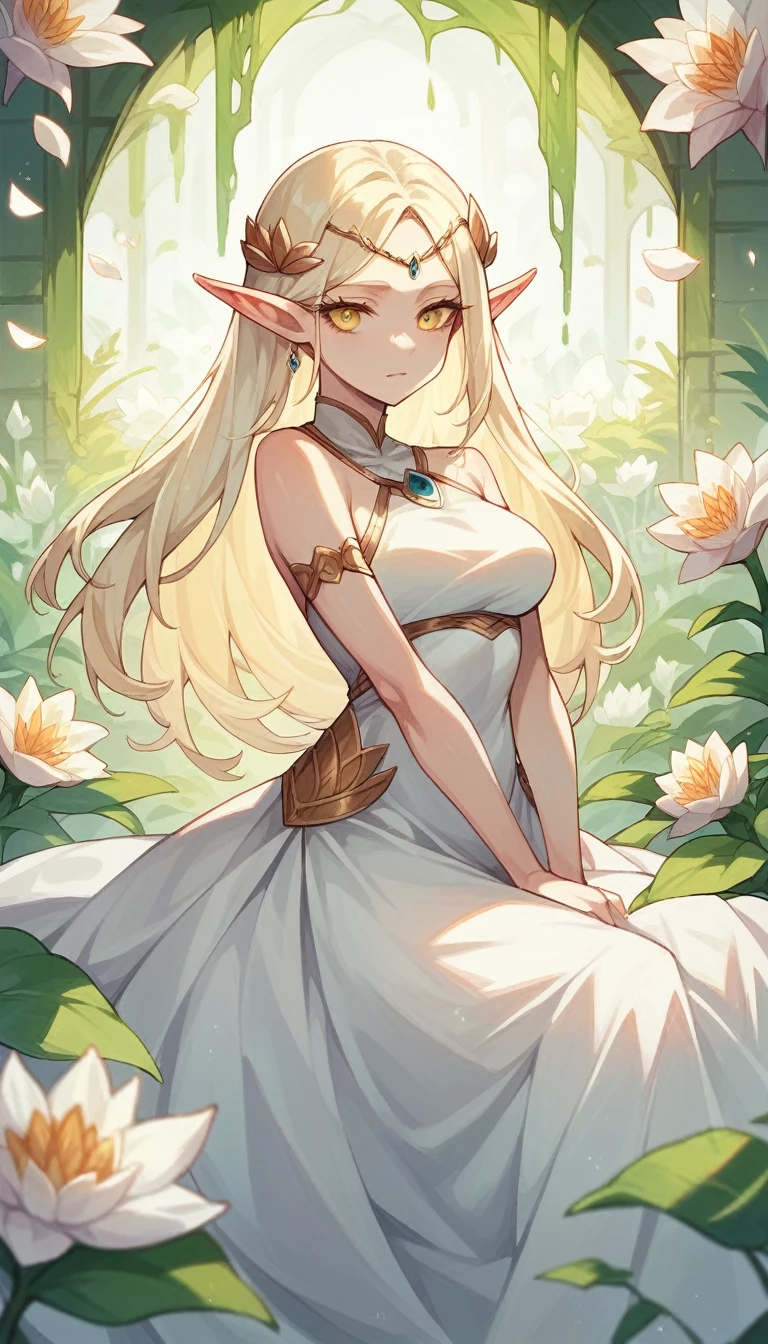 woman, white god, bright white blonde hair, bright yellow eyes, The longest hair, White lotus flower, elf ears, white light princess, Thai dress