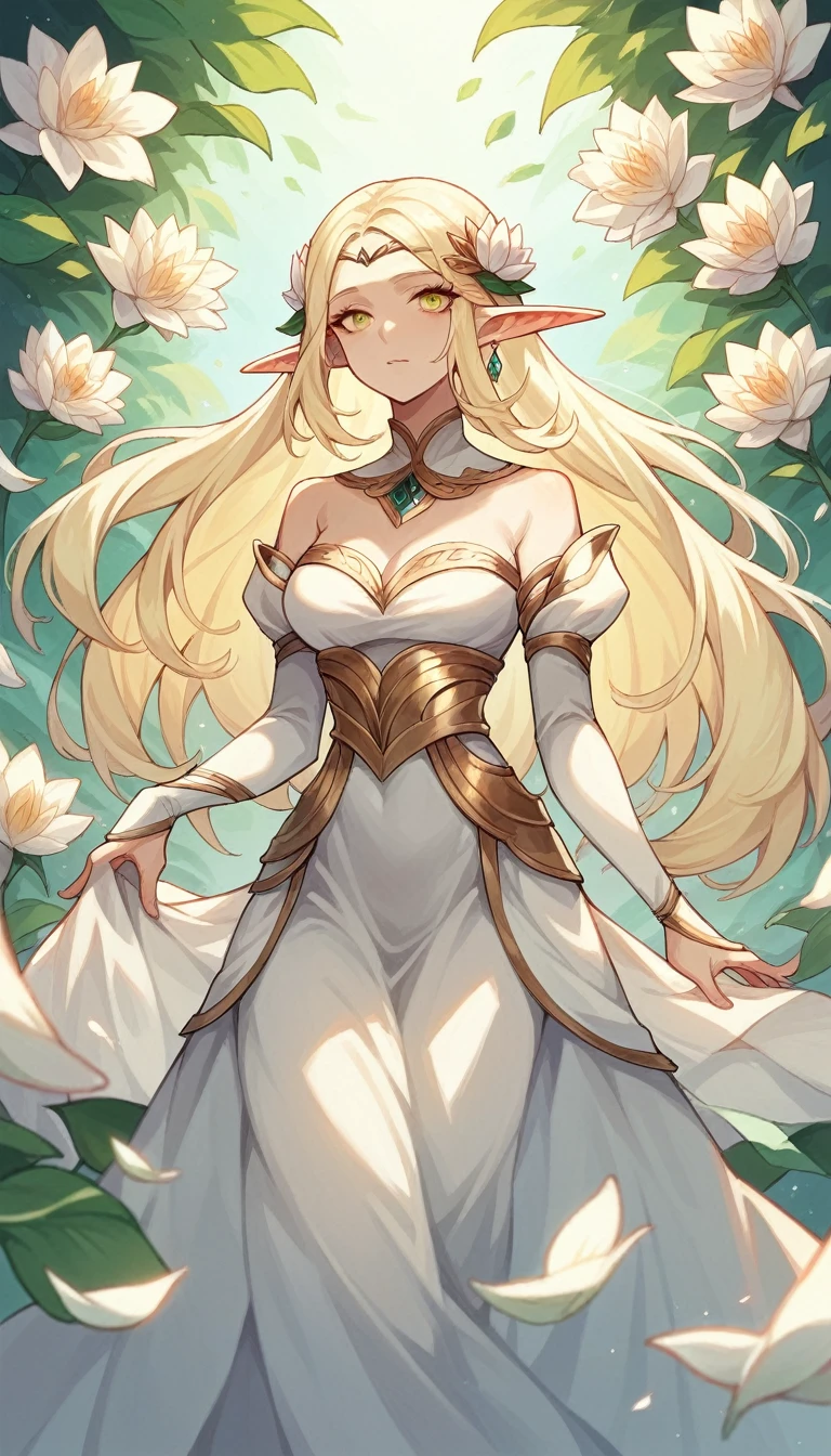 woman, white god, bright white blonde hair, bright yellow eyes, The longest hair, White lotus flower, elf ears, white light princess, Thai dress