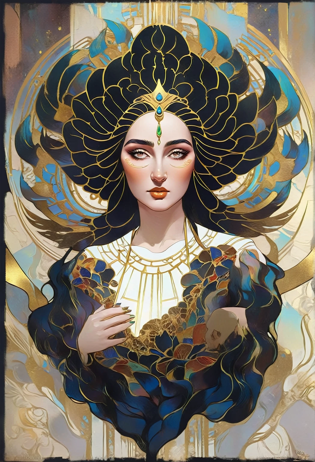 a beautiful goddess isis, egyptian goddess, alphonse mucha style, detailed crown, queenie gesture, ornate headdress, flowing robes, golden skin, piercing eyes, intricate details, ethereal lighting, dreamlike atmosphere, vibrant colors, dramatic pose, masterpiece, 8k, ultra-detailed, photorealistic, cinematic, glowing aura