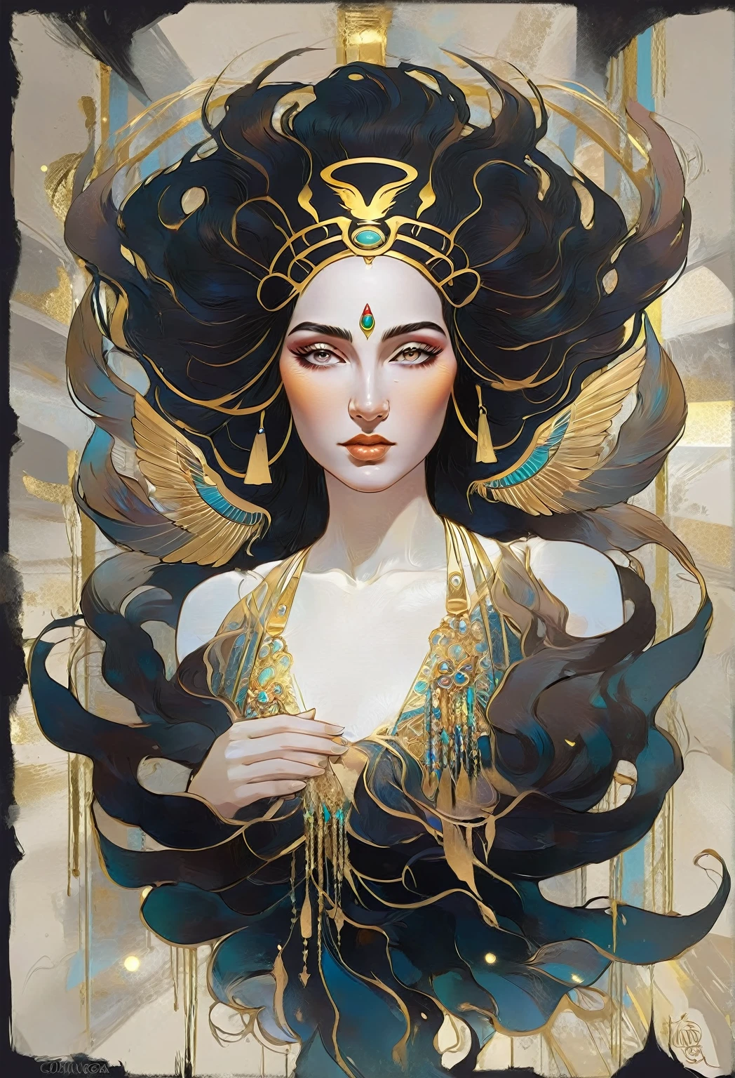 a painting of a woman with golden circles and a blue background, beautiful gorgeous digital art, karol bak uhd, gorgeous digital art, dreamy art, beautiful digital art, exquisite digital illustration, a beautiful artwork illustration, style of karol bak, expressive beautiful painting, beautiful digital artwork, intricate oil painting artwork, by Karol Bak, hauntingly beautiful art