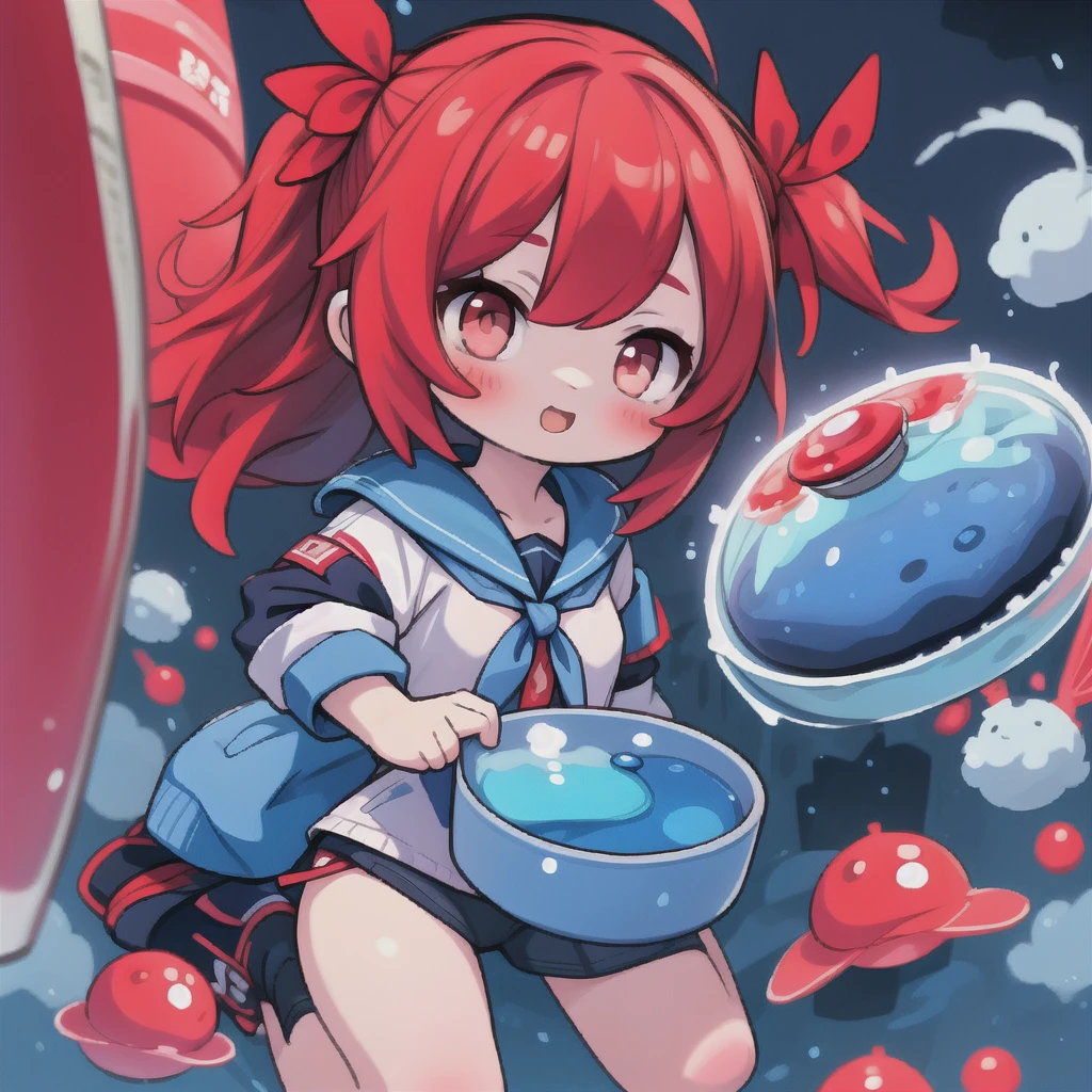 anime style, woman with red eyes, drunk, behind her several blue and red medicine capsules floating, dark image