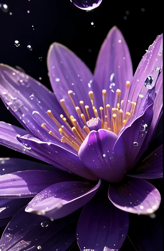purple flower with water droplets on it in the middle of a garden, beautiful flower, magical colorful flowers, glowing purple, beautiful deep colors, beautiful vibrant colors, beautiful!!!!!!!!!, with beautiful colors, magical flowers, stunning colors, purple and blue, beautiful detail and color, gorgeous colors, moody beautiful colors, purple magic, blue and purple, beautiful colors