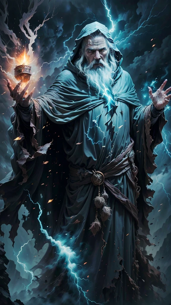 A majestic old mage with gray hair and beard, piercing blue eyes, wearing a large hooded dark robe, conjuring a powerful lightning spell, dynamic storm background, (best quality,4k,8k,highres,masterpiece:1.2),ultra-detailed,(realistic,photorealistic,photo-realistic:1.37),male character,lightning mage,uses lightning,magical lightning powers,gray hair,gray beard,bright blue eyes,hood,large and dark clothes,magic style,magic effect of electricity,posture of a mage,lightning project,dark background,storm background,dynamic point of view,old man,magical power,divine character