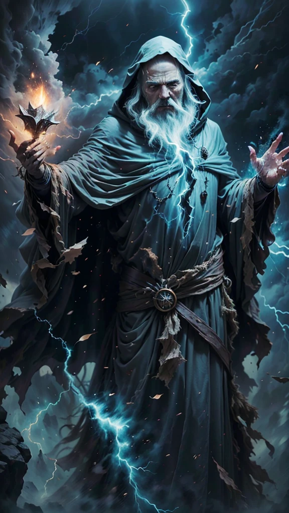 A majestic old mage with gray hair and beard, piercing blue eyes, wearing a large hooded dark robe, conjuring a powerful lightning spell, dynamic storm background, (best quality,4k,8k,highres,masterpiece:1.2),ultra-detailed,(realistic,photorealistic,photo-realistic:1.37),male character,lightning mage,uses lightning,magical lightning powers,gray hair,gray beard,bright blue eyes,hood,large and dark clothes,magic style,magic effect of electricity,posture of a mage,lightning project,dark background,storm background,dynamic point of view,old man,magical power,divine character
