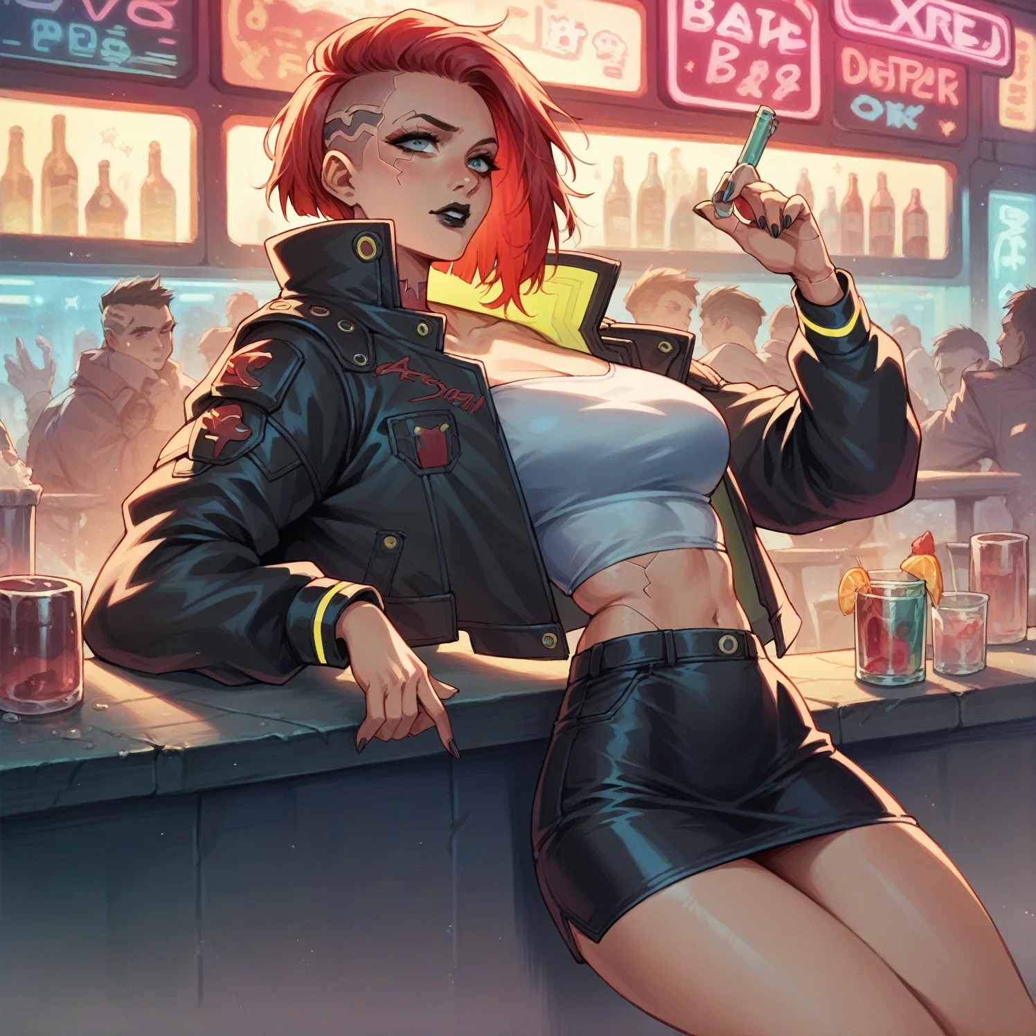 Girl with red hair, black lips in cyberpunk 2077 style in a bar. The girl is wearing a leather jacket with long sleeves and a short leather skirt. Emphasis on red 