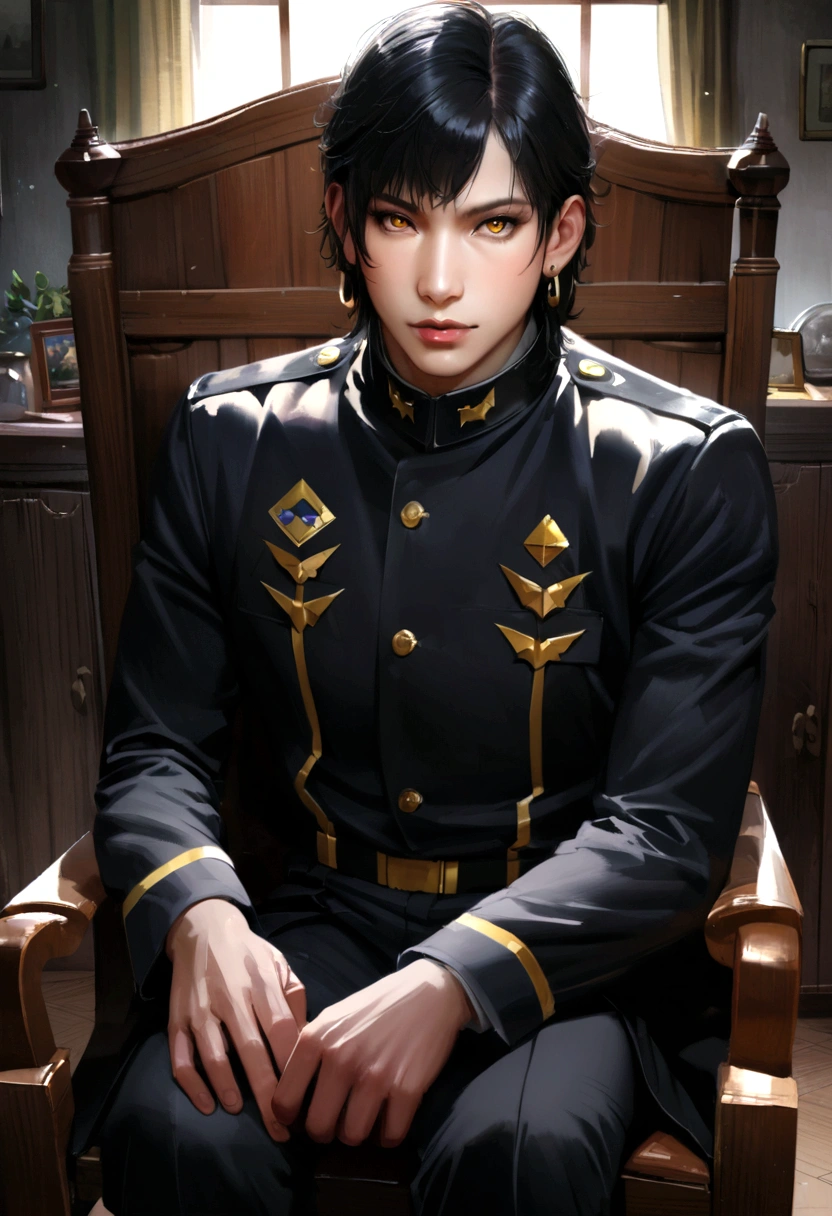 realistic anime, a man, balck hair, golden eyes, hons and black bat wings, use earrings and bodyguard uniform, sitting on a chair in a cozy room