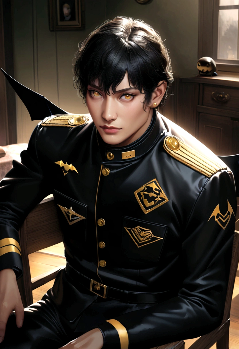 realistic anime, a man, balck hair, golden eyes, hons and black bat wings, use earrings and bodyguard uniform, sitting on a chair in a cozy room