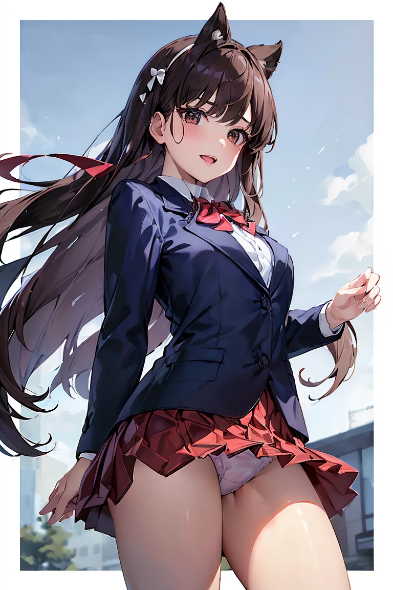 ((masterpiece, Highest quality, High resolution, 超High resolution, Pixel perfect, Depth of written border, 4K, RTTX 10.0, High resolution))), Morning commute route、1 Girl、Draw the whole body、View from below、Pure white skin, Beautiful art style, (Straight long hair, bangs, Brown Hair:1.2,)( Curly Hair:0.3), White hairpin、((Dark brown eyes:1.4, Round eyes,Droopy eyes、Beautiful eyelashes, Realistic eyes)),, ((Smooth texture:1.2, Realistic texture:1.1, Realistic:1.1, The wind is blowing、Anime CG Style)), Medium chest, Perfect body, ((Portraiture, throw)), ((Red bow tie, , Navy blue jacket, Open jacket, White shirt, Red pleated skirt、White panties)), smile, Open your mouth、teeth、The wind blows and the skirt flutters