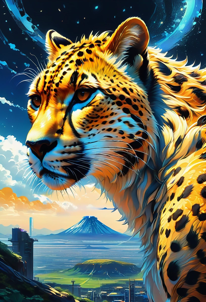 A Cheetah, by Makoto Shinkai and Makoto Niitsu, best quality, masterpiece, very aesthetic, perfect composition, intricate details, ultra-detailed