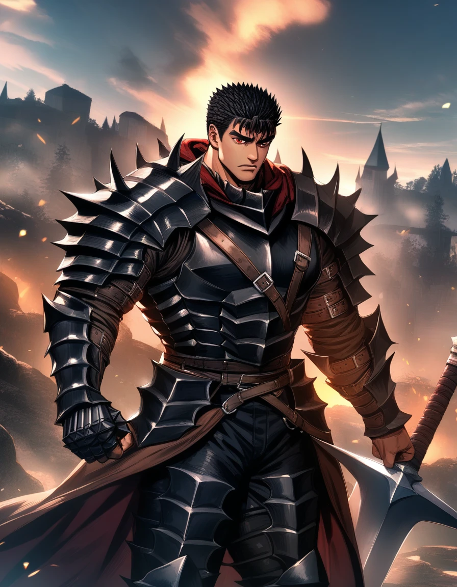 1boy, male focus, guts, guts berserk, guts berserk with full armor, big sword, red eyes, full armor, HDR, 4K,