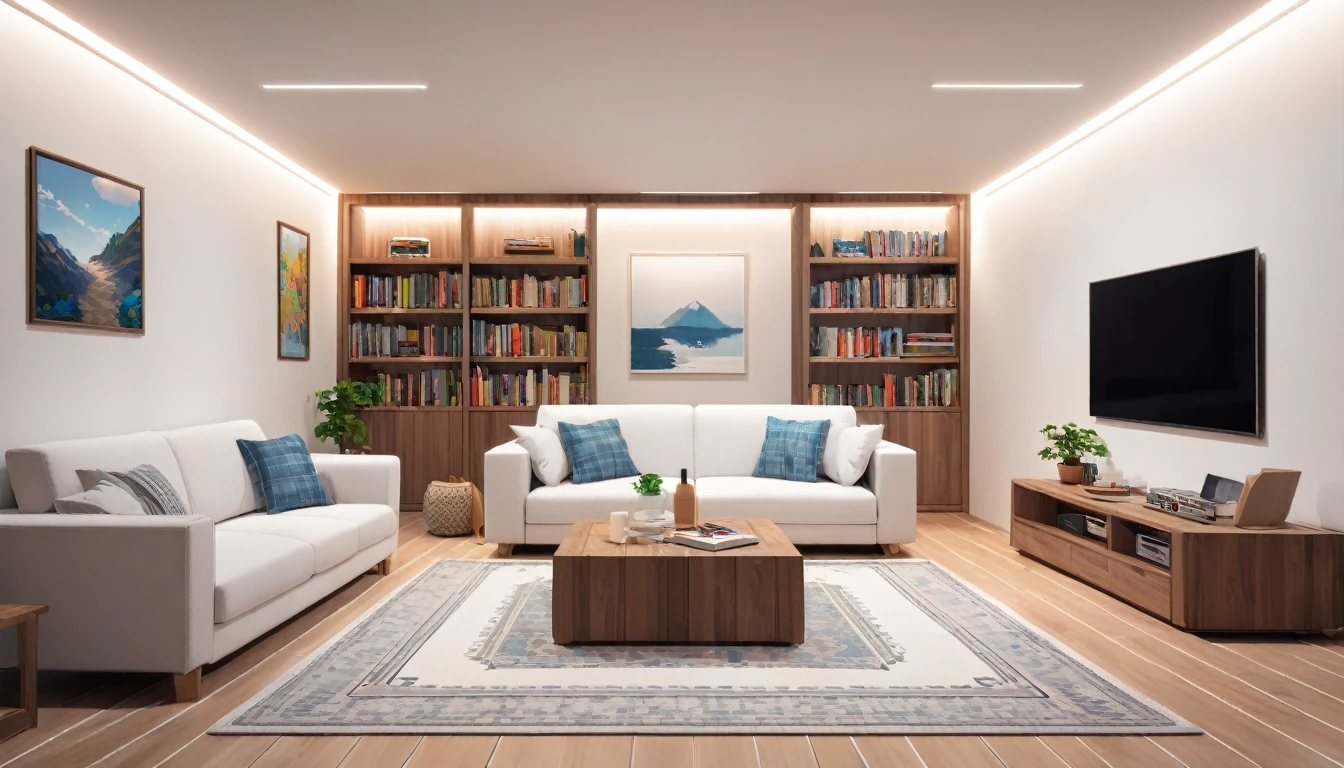 The minimalist modern underground room is adorned with a TV, bookshelf, refrigerator, sofa, pendant lights, a small wooden table, and a centrally placed carpet. Its white-painted walls enhance the spacious feel, reflecting light from the pendant lamps above. The décor combines functionality with aesthetic appeal, creating a serene ambiance perfect for relaxation or reading,pixelart,HDR,8k,high quality,photorealistic,detailed interior,masterpiece