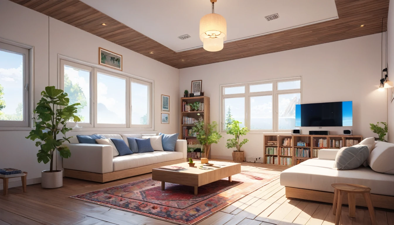 The minimalist modern underground room is adorned with a TV, bookshelf, refrigerator, sofa, pendant lights, a small wooden table, and a centrally placed carpet. Its white-painted walls enhance the spacious feel, reflecting light from the pendant lamps above. The décor combines functionality with aesthetic appeal, creating a serene ambiance perfect for relaxation or reading,pixelart,HDR,8k,high quality,photorealistic,detailed interior,masterpiece