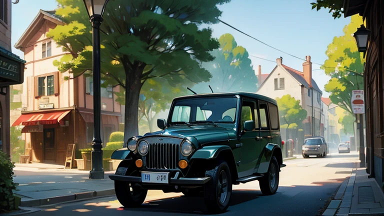 Beautiful scene of a morning day in a old town with a car, bentley, jeep, trees, street
