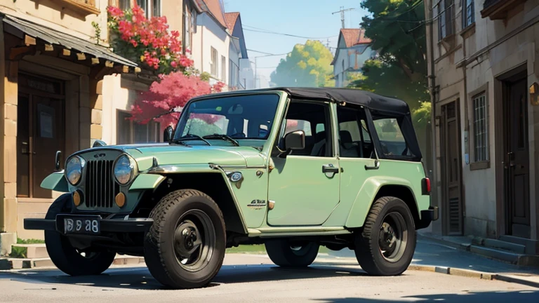 Beautiful scene of a morning day in a old town with a car, bentley, jeep, trees, street