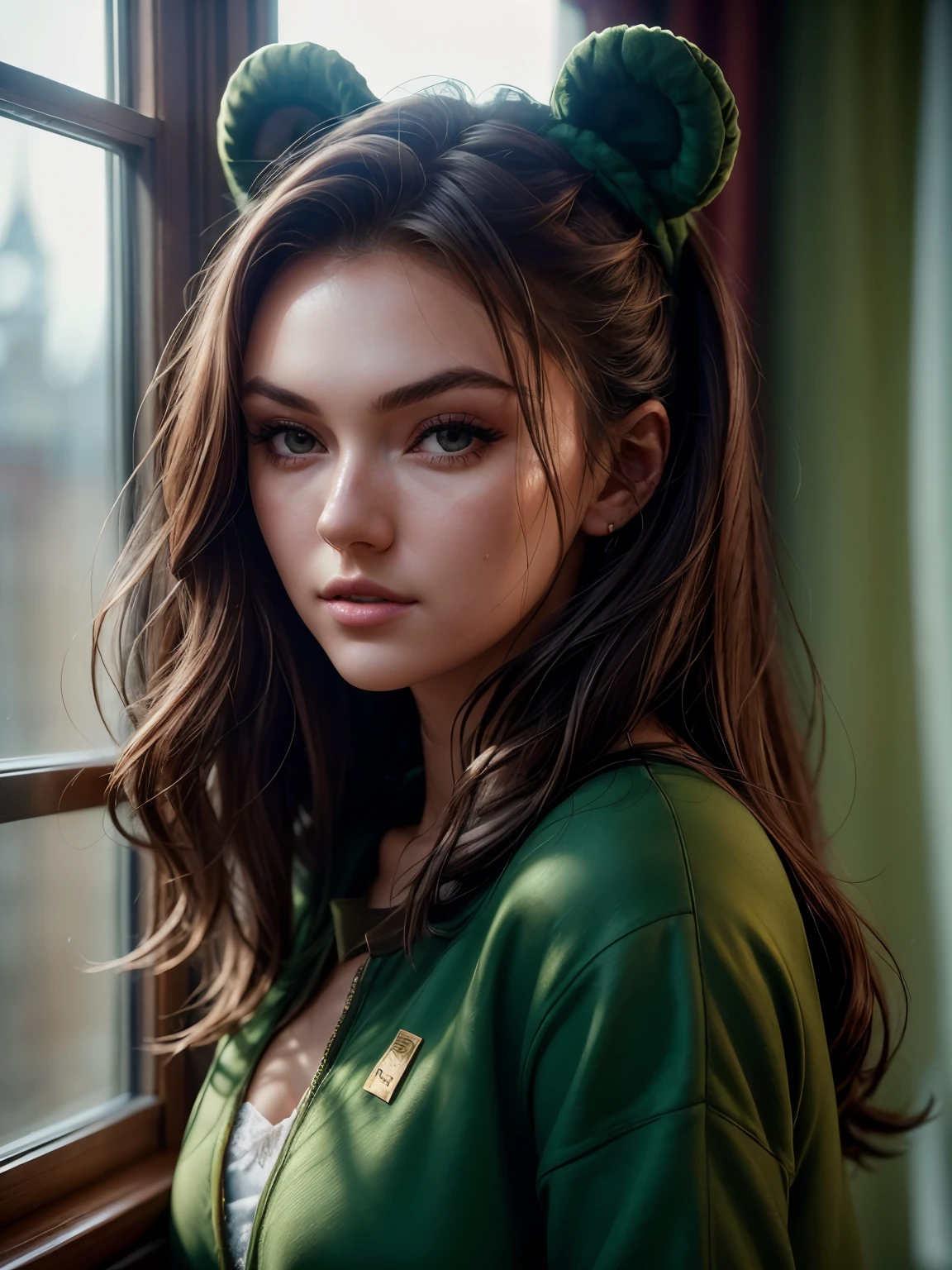 photo of beautiful (r4ch3lp1zzolato) with perfect hair, wearing (green bear costume:1.1),
