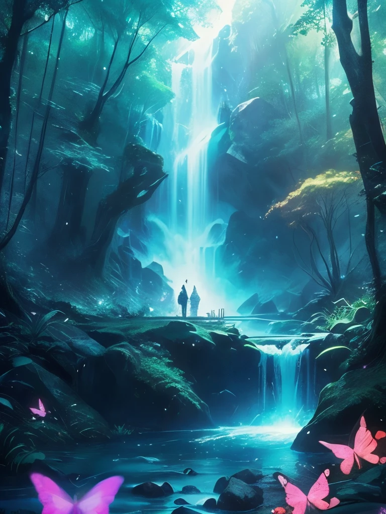 a waterfall in the middle of a forest with lots of butterflies flying around, 🌺 cgsociety, ross tran. scenic background, magical environment, lost in a dreamy fairy landscape, very magical and dreamy, magical fantasy forest, magical background, by Yang J, magical forest with fireflies, magic fairy forest, beautiful anime scene, stunning! concept art, magical landscape