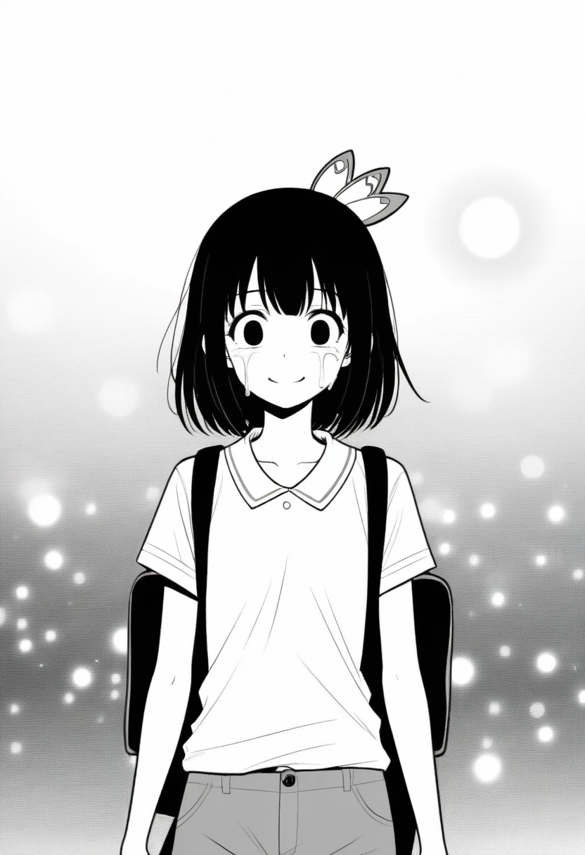 masterpiece, best quality, 1girl, mamerakkkkko, yui_\(princess_connect!)\,  greyscale, manga style, japanese, chi no wadachi, black eyes, street, iced, black hair, schoolbag, smile, lineart, white background, white shirt, grey shorts, centered, 18 years old, tall, fair skinned, bokeh background, crying, tears, straight-on, tears streaming

