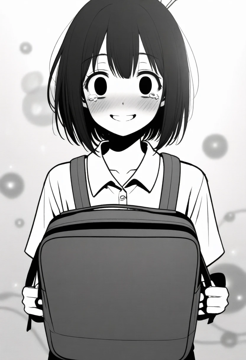 masterpiece, best quality, 1girl, mamerakkkkko, yui_\(princess_connect!)\, greyscale, manga style, japanese, chi no wadachi, black eyes, street, iced, black hair, schoolbag, smile, lineart, white background, white shirt, grey shorts, centered, 18 years old, tall, fair skinned, bokeh background, crying, tears, straight-on, tears streaming