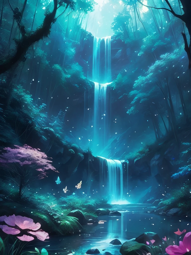 a waterfall in the middle of a forest with lots of butterflies flying around, 🌺 cgsociety, ross tran. scenic background, magical environment, lost in a dreamy fairy landscape, very magical and dreamy, magical fantasy forest, magical background, by Yang J, magical forest with fireflies, magic fairy forest, beautiful anime scene, stunning! concept art, magical landscape