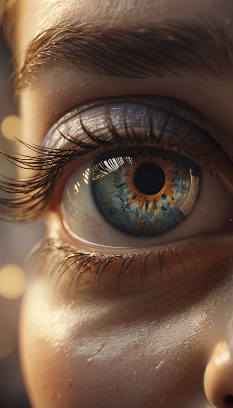 there is a close up of a person's eye with a blurry background, photorealistic eyes render, ultra realistic 3d illustration, amazing photorealistic graphics, hyperrealism. fantasy 4k, intricate eye detail focus, beautiful photorealistic imagery, hyper realistic 3 d render, hyper realistic render, hyper realistic detailed render, hyperrealistic vfx render, hyper - realistic render
