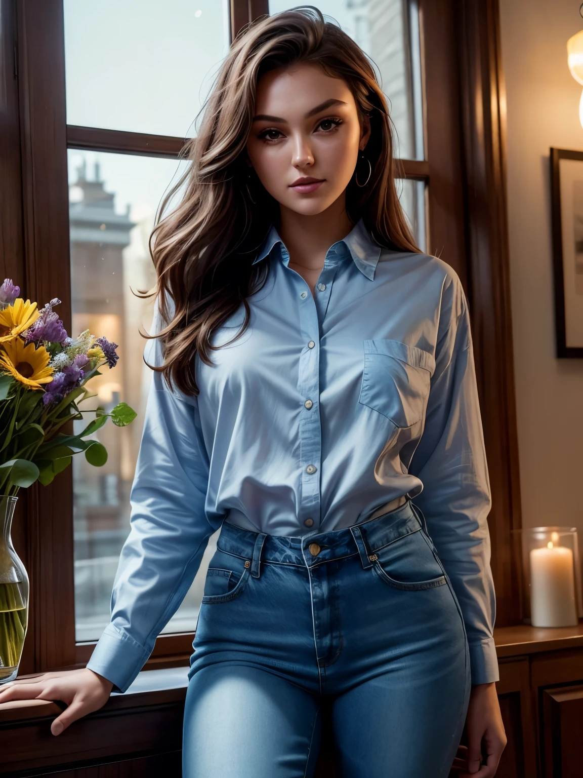Foto hiperrealista en primer plano de arafed woman (r4ch3lp1zzolato), masterpiece, best quality, (photorealistic:1.4), (professional untucked long button up mesh shirt :1.15), (blue jeans:1.2), cinematic light, wavy hair, in a luxary living room, amber twinkle lights in background, romantic lighting, (surrounded by flowers:1,15), (sunset:1.05)