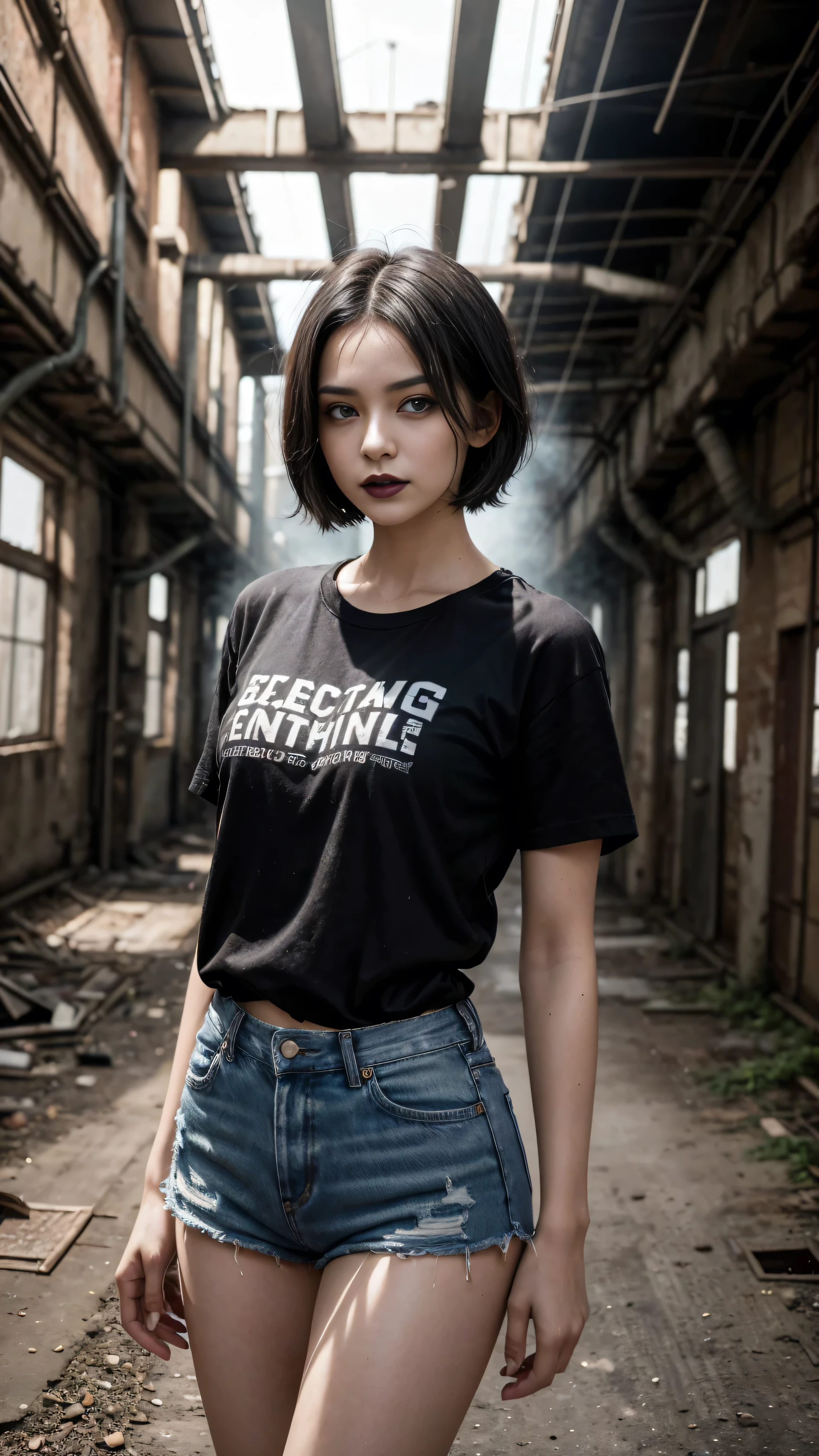 A woman between 25 and 30 years old has slender short black hair, dark brown eyes using eye makeup eyeliner and eyeliner and ((Black lipstick on lips,)) wearing a black t-shirt and black denim shorts he is standing posing for the photo the environment is the interior of an old abandoned factory with pipes and registers everywhere sunlight coming from above some dry leaves on the floor dust grains in the air rust in the pipes small steam leaks in some pipes, the image conveys the beauty of a professional photograph highlighting the beauty of the girl and the details of the factory where she is.