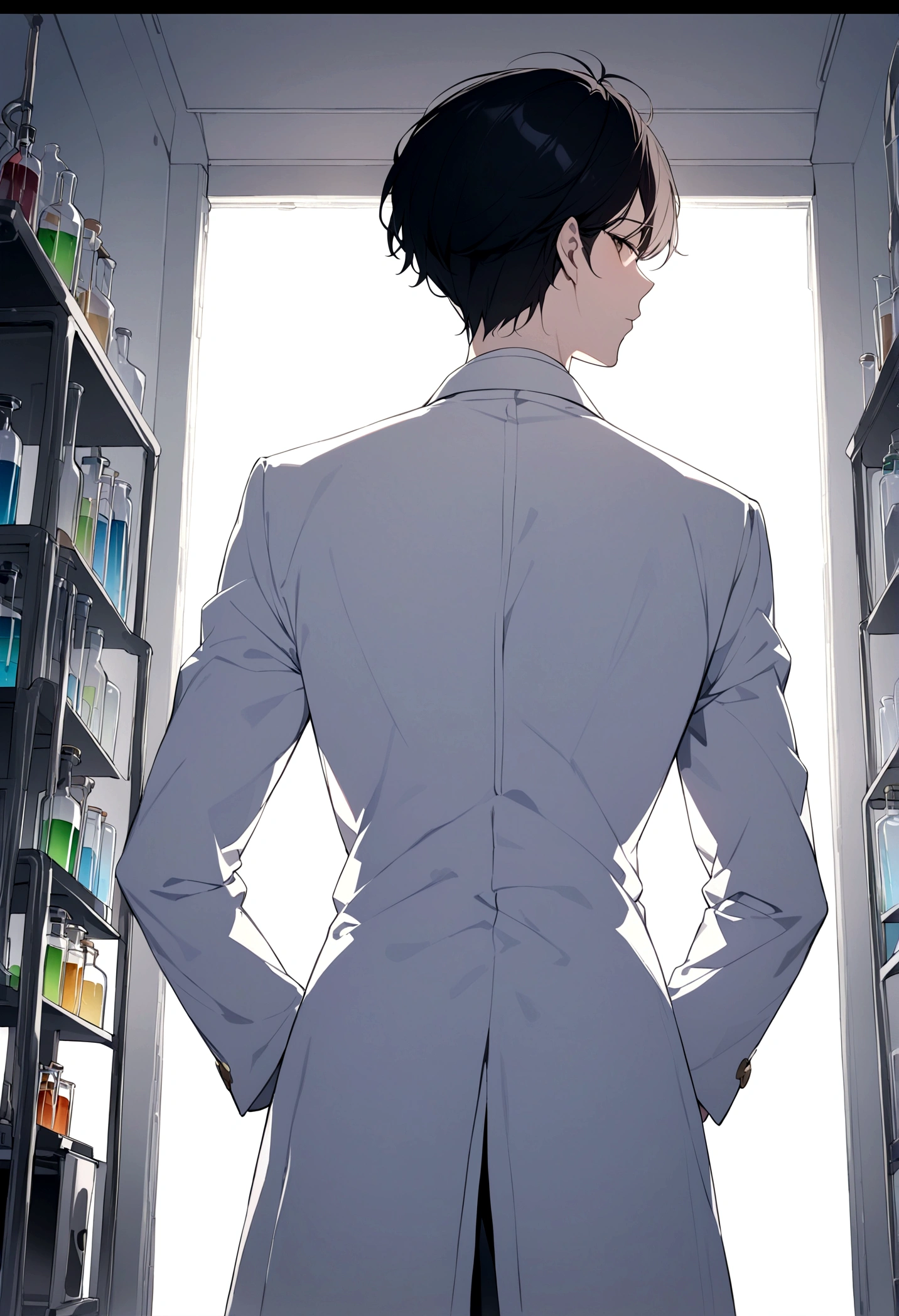 (masterpiece, 32k, 8k) two male scientists in front of a window in their laboratory next to each other, (angle of image from character's back), white coats, very detailed laboratory with several flasks, (character from back )