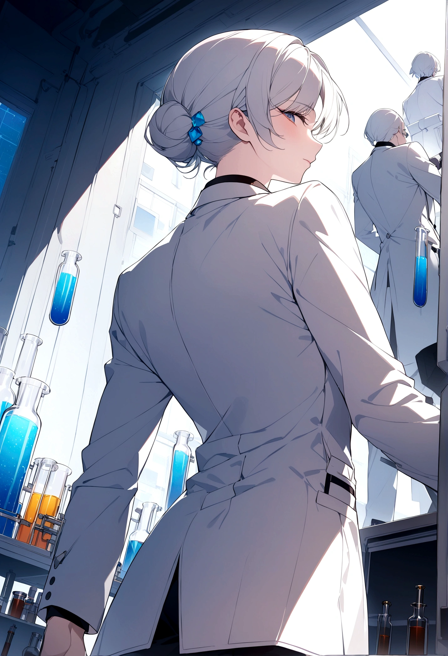 (masterpiece, 32k, 8k) two male scientists in front of a window in their laboratory next to each other, (angle of image from character's back), white coats, very detailed laboratory with several flasks, (character from back )