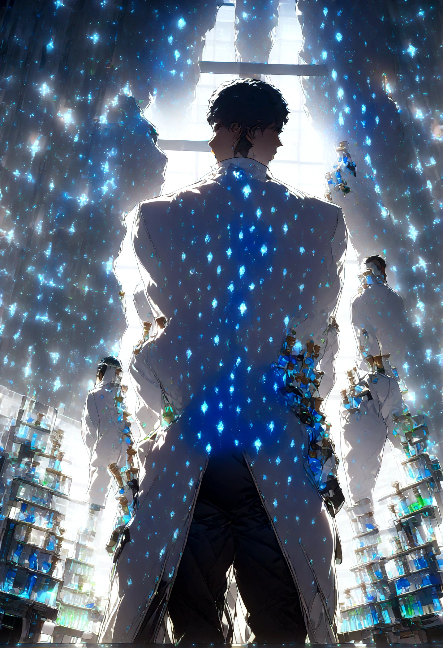 (masterpiece, 32k, 8k) two male scientists in front of a window in their laboratory next to each other, (angle of image from character's back), white coats, very detailed laboratory with several flasks, (character from back )