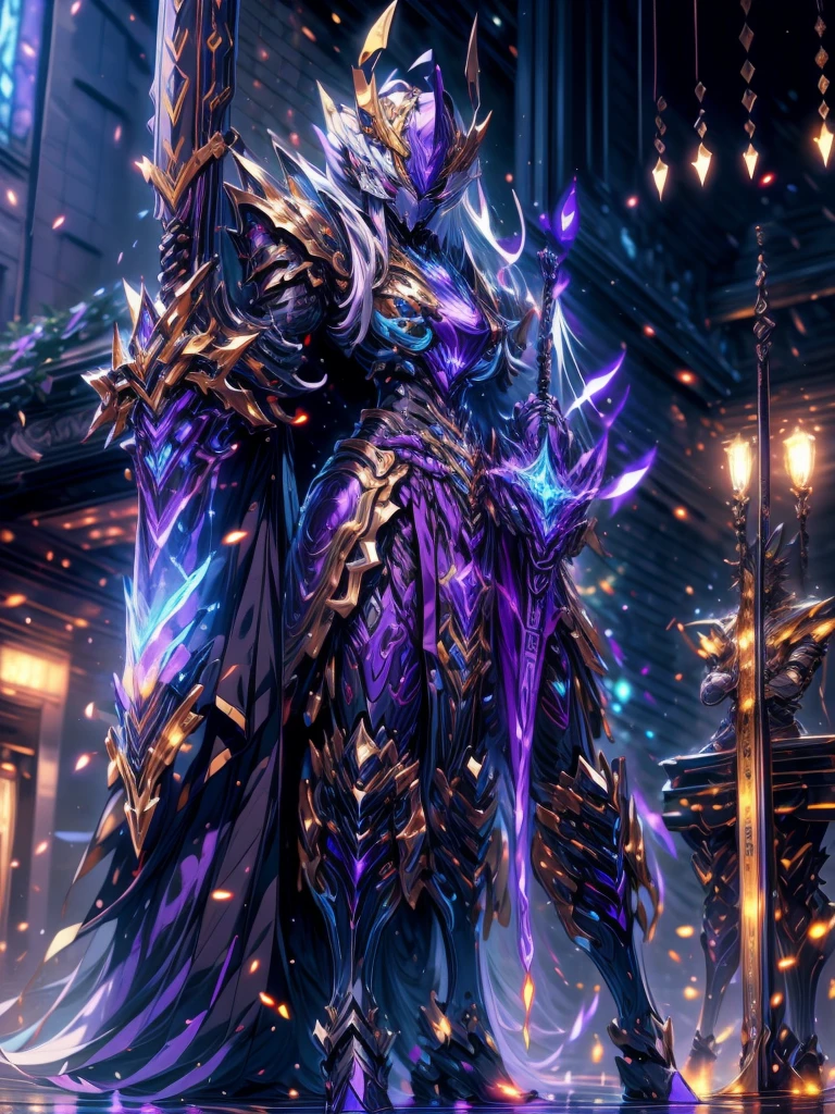 Full body frontal photo,Mecha woman warrior,Heroic style of the Three Kingdomech color: Purple deep series》,(《Romance of the Three Kingdoms》,《Sima Yi》,Magic weapon in hand,),(Full body mecha), 1 Girl, large breast, thicc, BIG ASS, Keqing from Genshin Impact, helmet off, (Masterpiece) , The best quality, High quality,Gold armor,Movie Lighting, (Exquisite future), Beautiful and beautiful, Ultra detailed, great composition, Floating, Depth of field, (Very detailed CG,Unity 8k Wallpaper), (Beautiful detail background), dramatic lights, GOGETTA, Mecha,best qualtiy,Ultra-high resolution,
