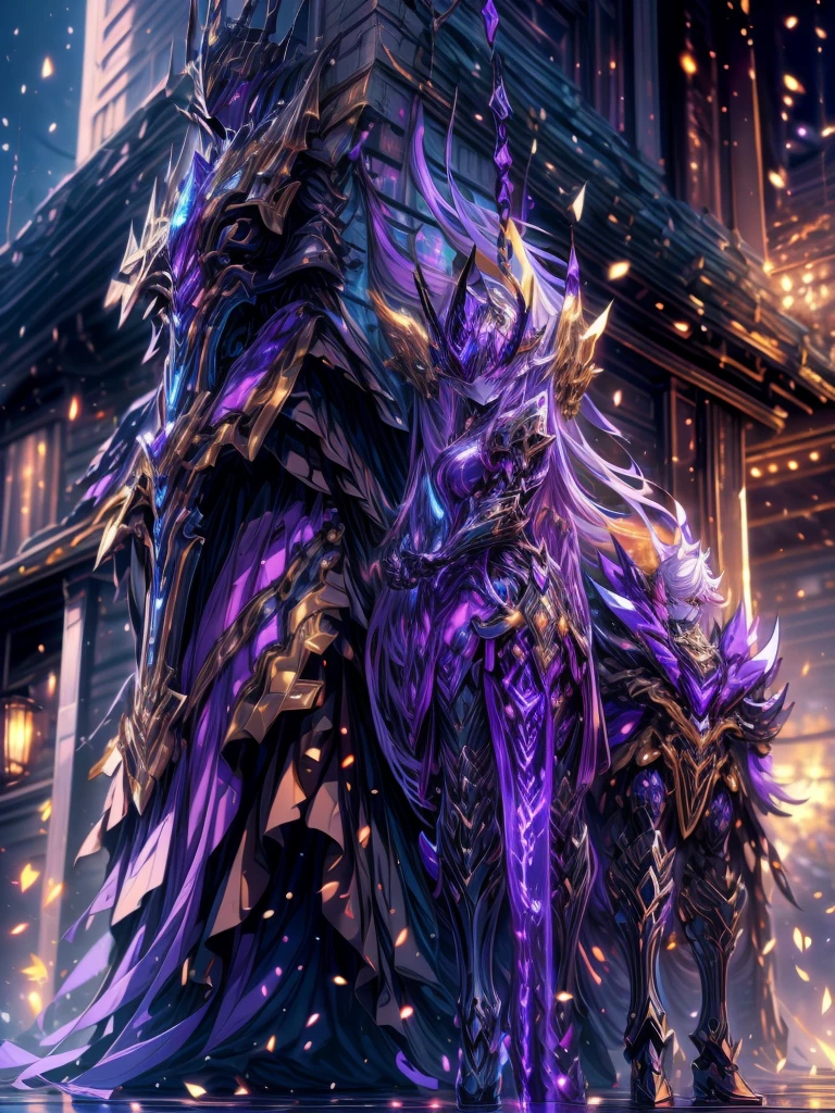 Full body frontal photo,Mecha woman warrior,Heroic style of the Three Kingdomech color: Purple deep series》,(《Romance of the Three Kingdoms》,《Sima Yi》,Magic weapon in hand,),(Full body mecha), 1 Girl, large breast, thicc, BIG ASS, Keqing from Genshin Impact, helmet off, (Masterpiece) , The best quality, High quality,Gold armor,Movie Lighting, (Exquisite future), Beautiful and beautiful, Ultra detailed, great composition, Floating, Depth of field, (Very detailed CG,Unity 8k Wallpaper), (Beautiful detail background), dramatic lights, GOGETTA, Mecha,best qualtiy,Ultra-high resolution,