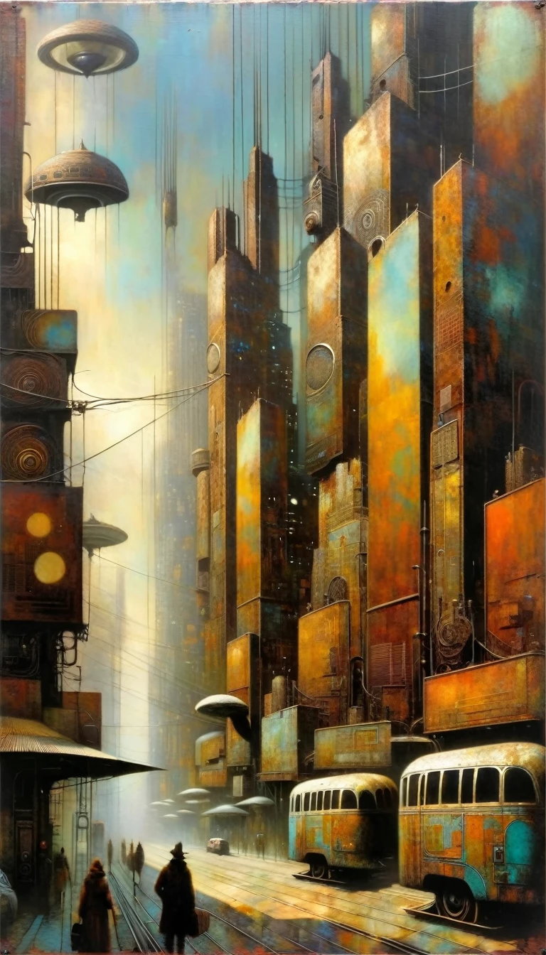 rusty metal advertising sign, behind we see a large futuristic city (Dave Mckean inspired art, intricate details, oil painting)
