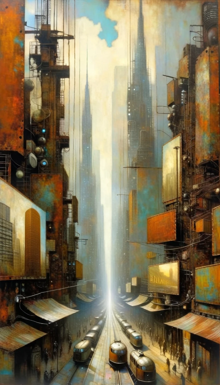 rusty metal advertising sign, behind we see a large futuristic city (Dave Mckean inspired art, intricate details, oil painting)