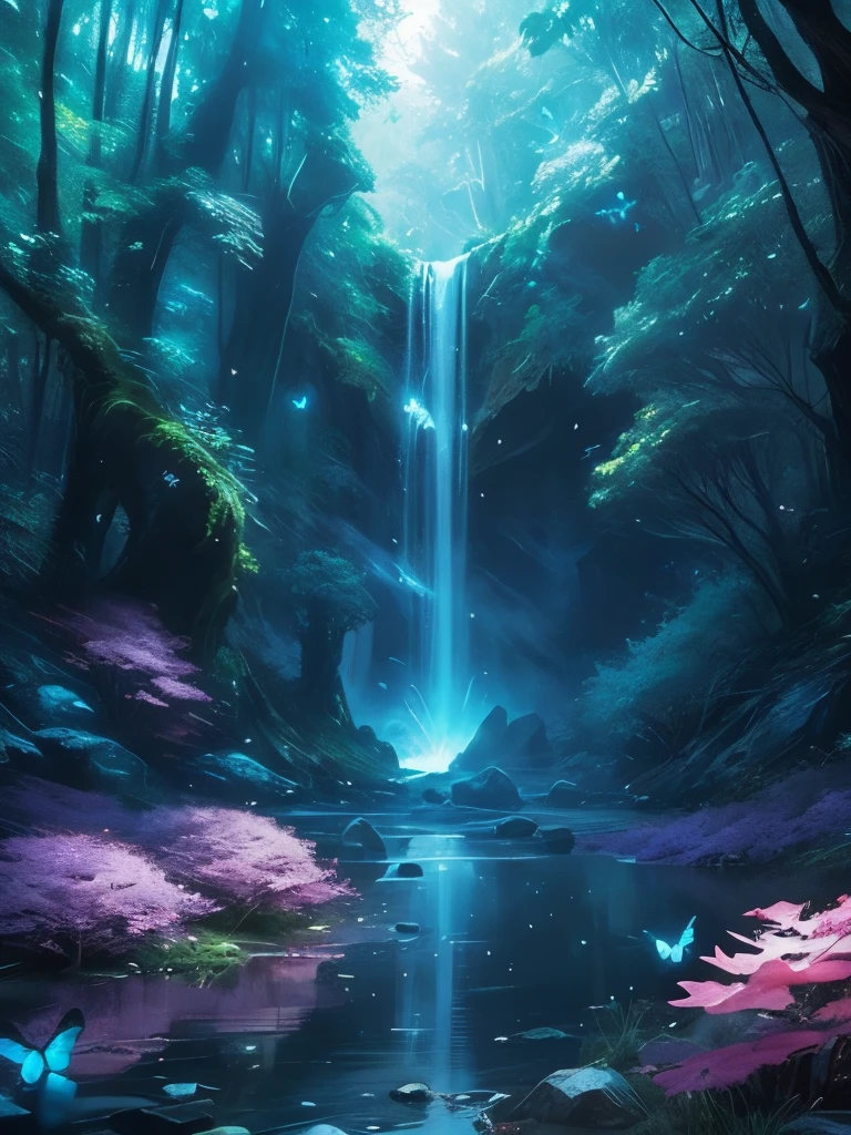 a waterfall in the middle of a forest with lots of butterflies flying around, concept art by Yang J, trending on cgsociety, fantasy art, 🌺 cgsociety, ross tran. scenic background, magical environment, lost in a dreamy fairy landscape, very magical and dreamy, magical fantasy forest, magical background, magical forest with fireflies, magic fairy forest, beautiful anime scene