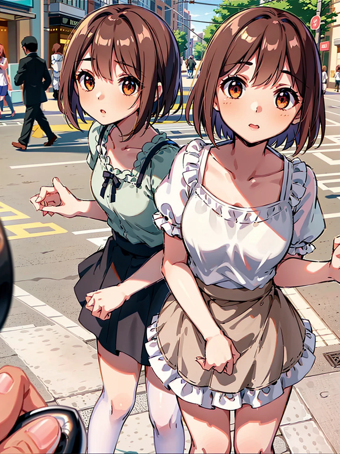 Regular pantyhose、Ultra-detailed、masterpiece、Highest quality、Ultra-high resolution、In 8K、high resolution、Detailed eyes、Gradation、Perfect anatomical figure ,hard disk、Hmph , Nikon Z9 80mm Lens 、Tabletop、Cinema Lighting, Physically Based Rendering, Award-winning, Highly detailed skin, Highly detailed face, Beautiful eyes in every detail、White Lace Lingerie Panties、Fancy panties、Detailed Panty Pattern、Panty Focus、(Pink cotton tight mini skirt), Light orange tank top、10-year-old female, (Beautiful light brown hair, High Ponytail、Looking into the camera、Daytime street、Bright sun、crotch grab,public